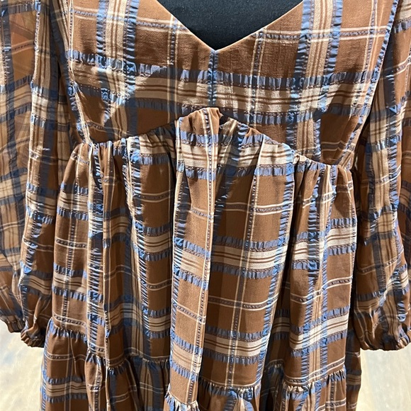 Gianni Bini Brown Plaid Puff-Sleeve Tiered Mini Dress - Picture 3 of 5